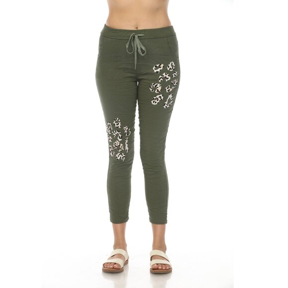 Moss Green Cheetah Detail stretchable pant with Pockets - Picture 2 of 7